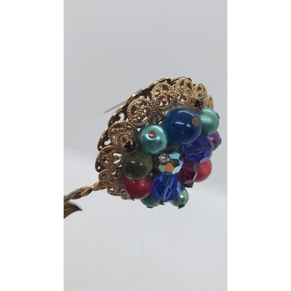 Vintage Ornate Flower Brooch Gold Filigree Beads Faux Pearl Rhinestone Haskell ? - Picture 6 of 11